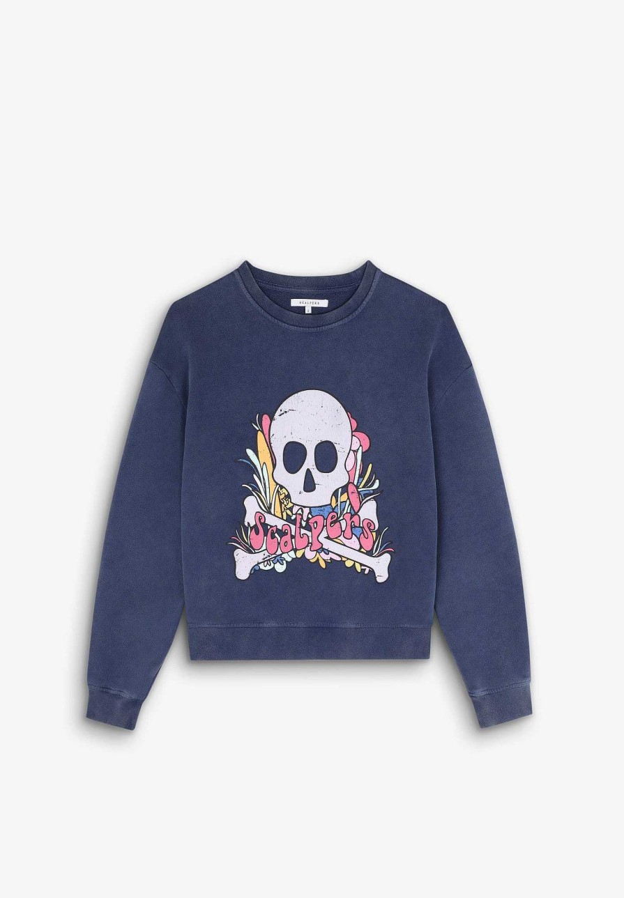 Scalpers Washed Effect Skull Print Sweatshirt | Sweatshirts