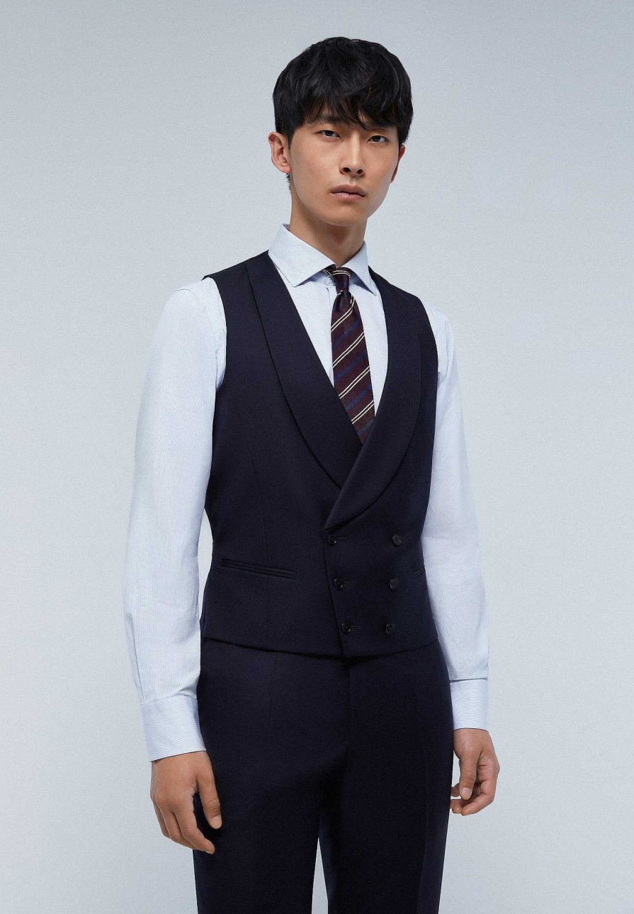 Scalpers Navy Blue Wool Three Piece Jacket | Suits