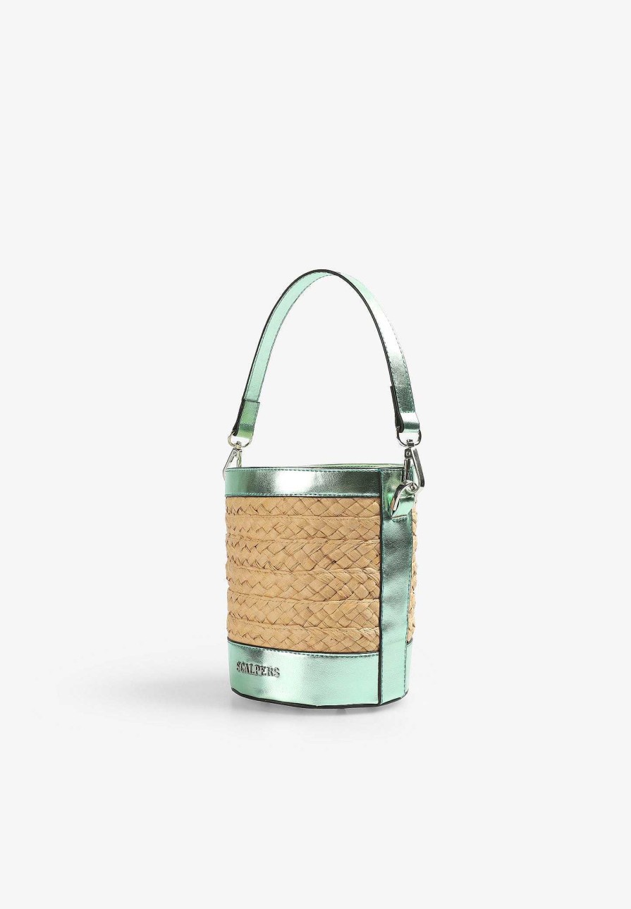 Scalpers Raffia Bucket Bag With Metallic Detail | Fur