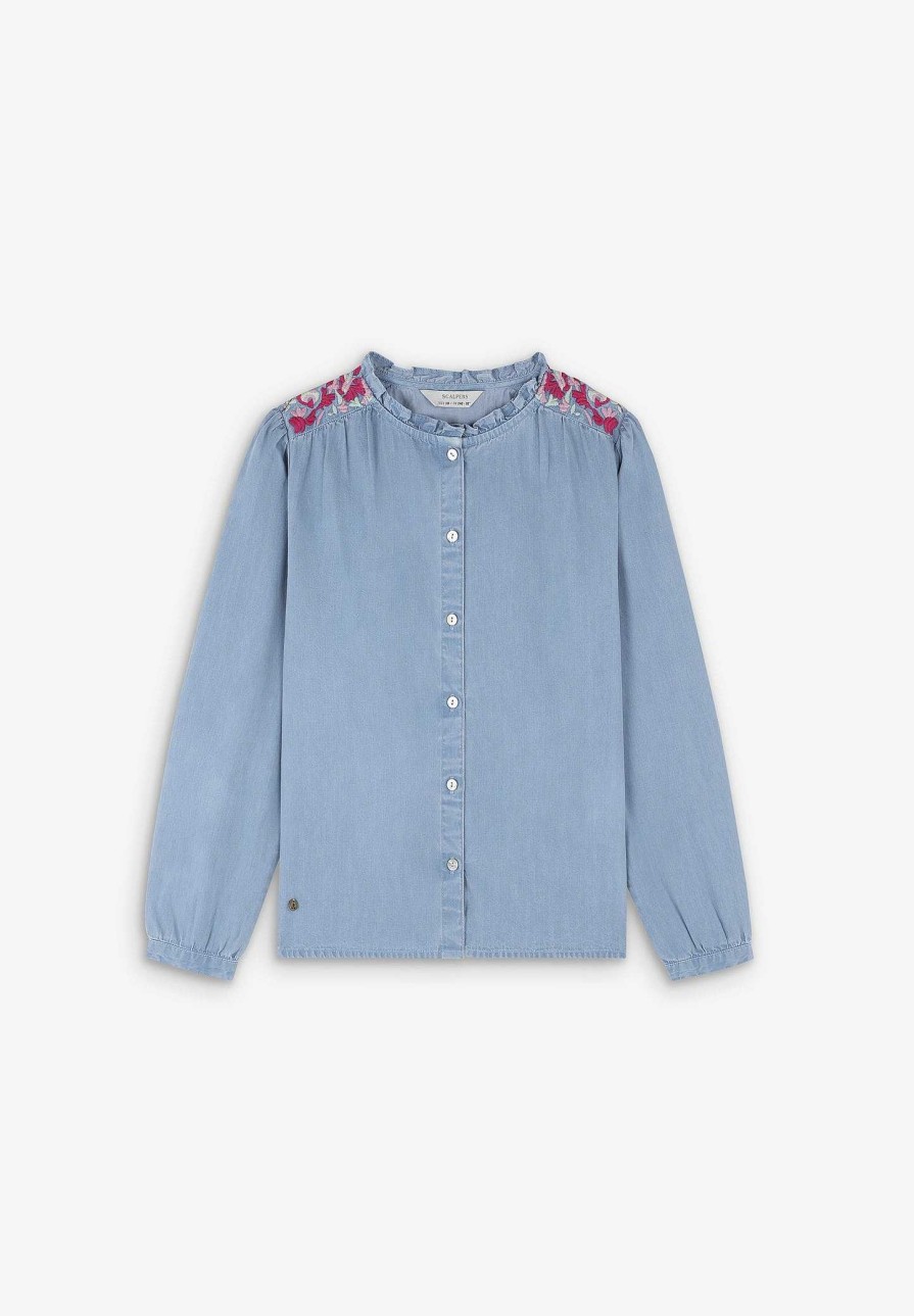 Scalpers Contrast Embroidered Denim Blouse | Shirts