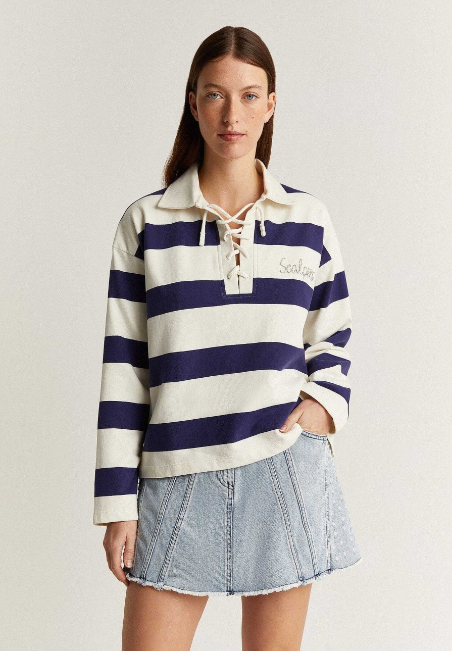 Scalpers Striped Polo Sweatshirt With Drawstring Neck | Sweatshirts