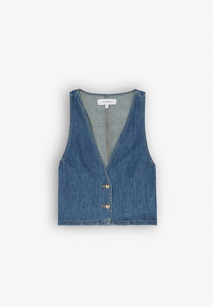 Scalpers Cropped Denim Vest | T-Shirts And Tops