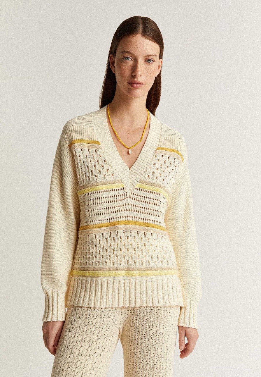 Scalpers Openwork Knitted Sweater V Neckline | Sweaters And Cardigans